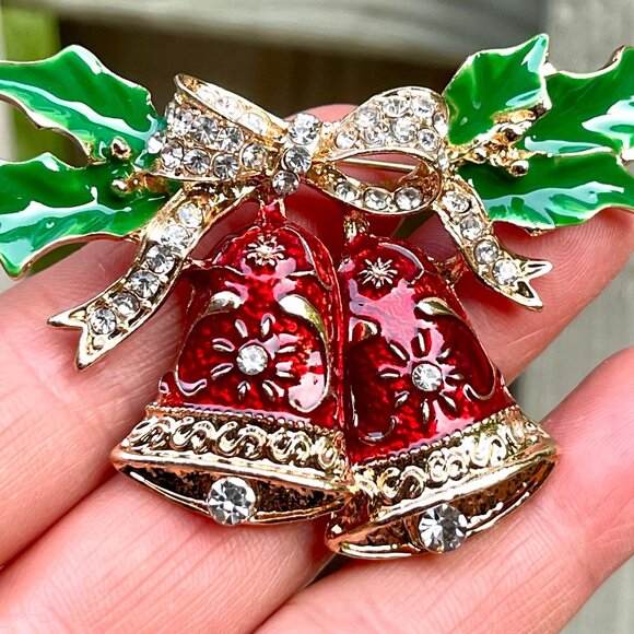 Christmas Bell Brooch Rhinestone Christmas Bell Pin Christmas Bell Pendant - Picture 4 of 5